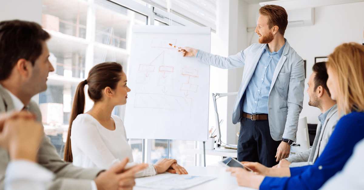 A person pointing at a whiteboard