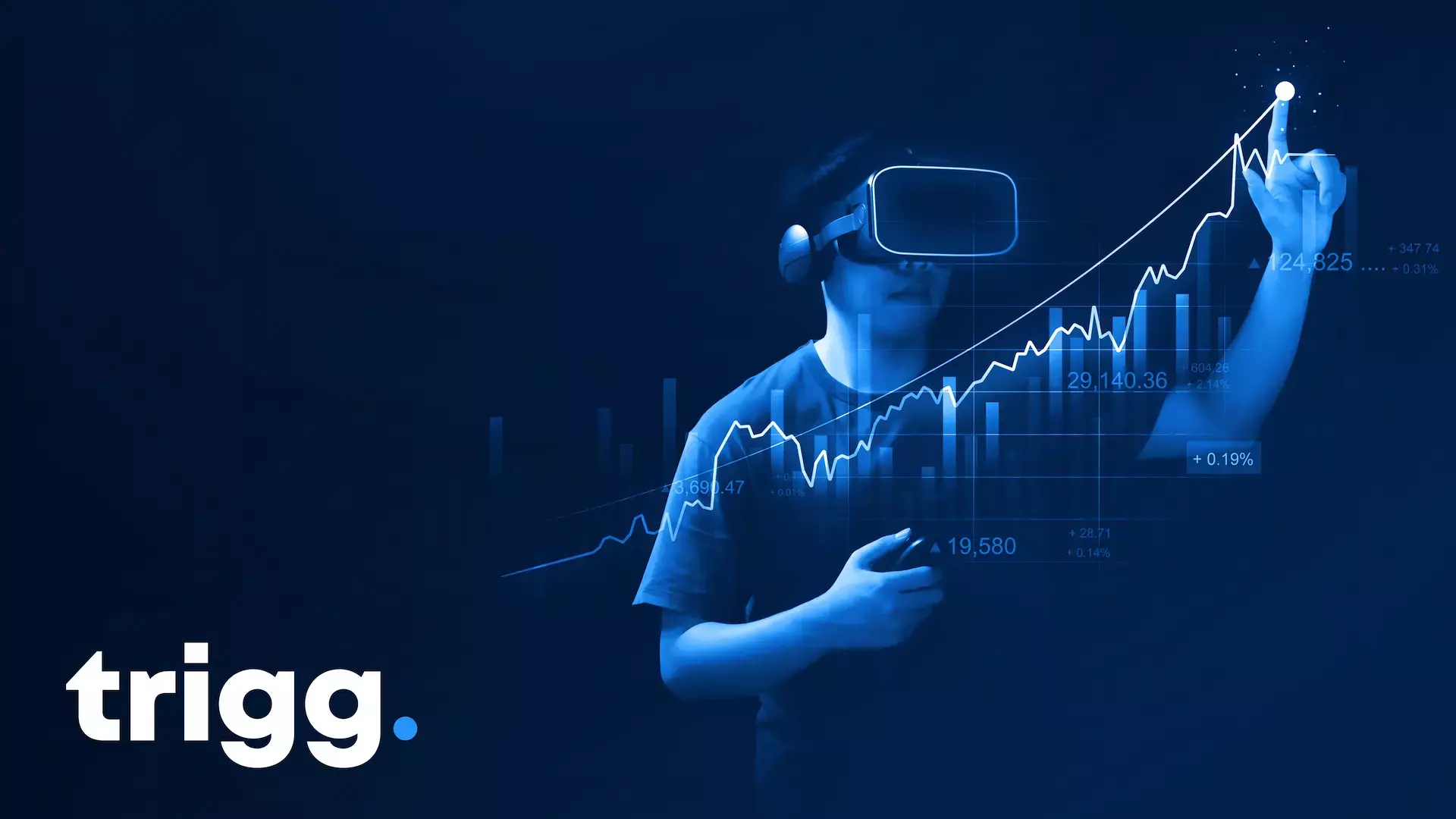 The Trigg logo, next to a person pointing at a graph with a virtual reality headset on