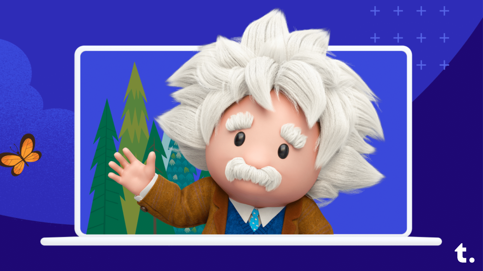 Einstein waving from inside a laptop