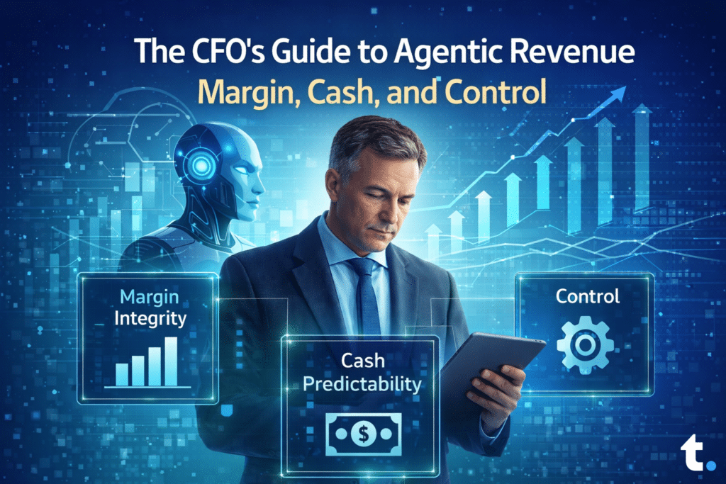 CFO reviewing agentic revenue insights focused on margin integrity, cash predictability, and financial control using governed AI.