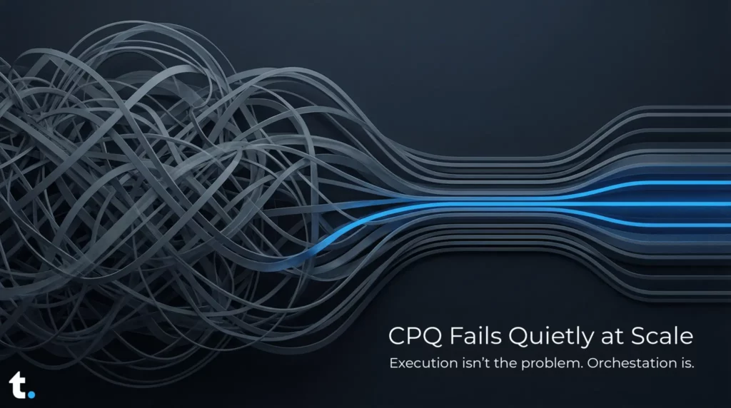 Abstract enterprise system visual showing tangled, layered flows on the left gradually resolving into clean, parallel lines on the right, symbolising the shift from CPQ complexity to governed orchestration and decision clarity.