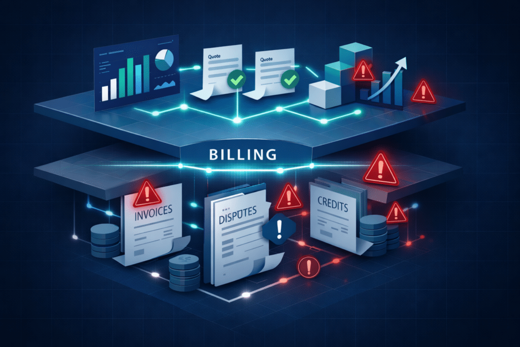 Billing as the Moment of Truth in Revenue Transformation Isometric illustration showing billing as the central checkpoint in the revenue lifecycle, where approved quotes and growth metrics surface downstream issues such as invoice errors, disputes, and credits.