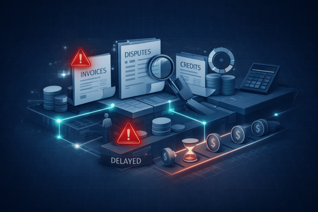 The Hidden Operational Cost of Billing Failure Isometric illustration showing billing-related invoices, disputes, and credits creating operational drag and delayed cash flow across finance and revenue teams.
