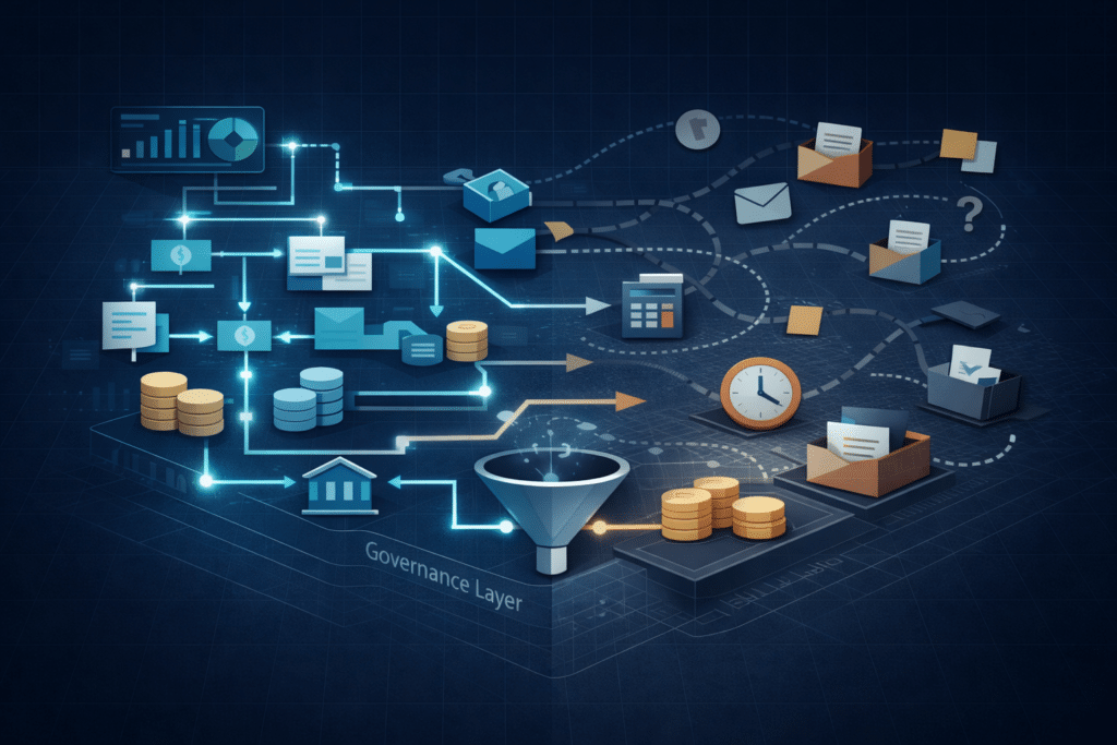 Transformation Fails in Behaviour, Not Software Minimalist isometric illustration of an enterprise revenue system: clean, glowing dashboards and automated workflows flow through a structured system, while muted, branching paths show manual overrides and shadow processes diverging from the core, with billing and revenue still converging intact in a modern, abstract corporate style.