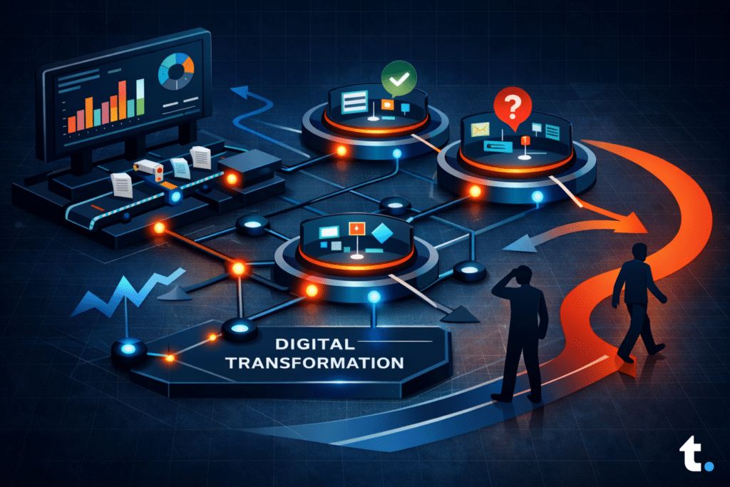 Header illustration showing a stylised enterprise transformation with glowing systems and divergent human behaviour pathways.