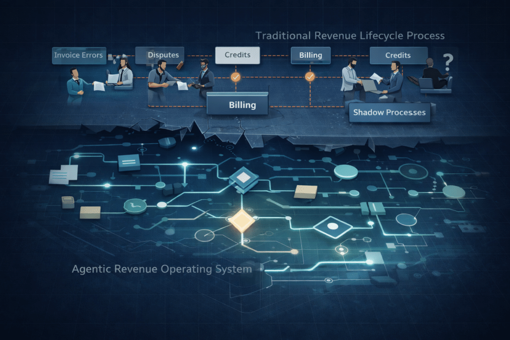Why Traditional Change Management Breaks Down Isometric illustration comparing a traditional revenue lifecycle with an agentic revenue operating system, showing manual handoffs, people, approvals, and shadow processes above, and an automated, connected decision network operating beneath.