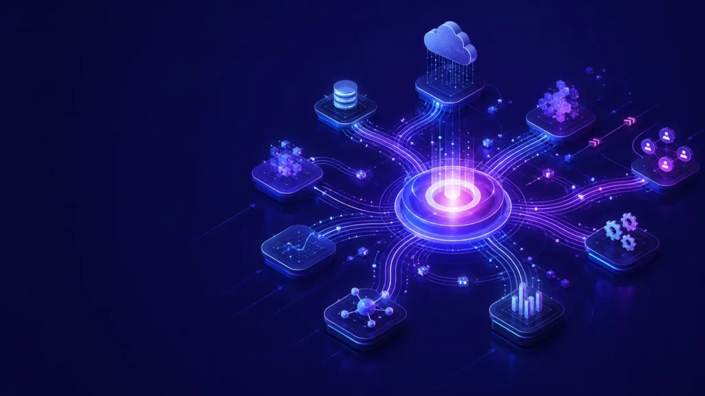 Enterprise architecture visualisation illustrating AI, Agentforce, CRM, Data 360, automation, integrations and analytics connected through intelligent consumption-based technology flows, highlighting the shift from traditional software licensing to AI-powered digital ecosystems.