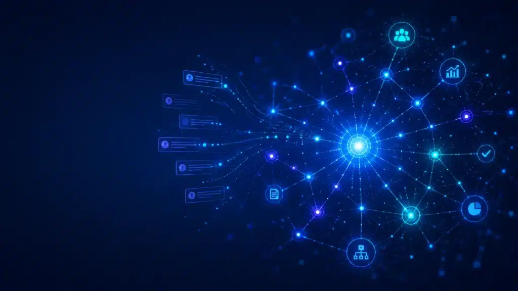 Abstract AI network showing team conversations flowing into a shared digital hub, representing a second brain that remembers context and connects work across systems.