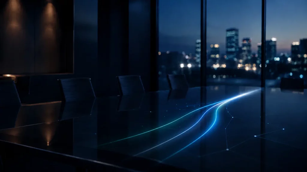 Three blue and aqua light pathways converge across a dark glass boardroom table, representing trusted data, governed execution and measurable AI business outcomes.