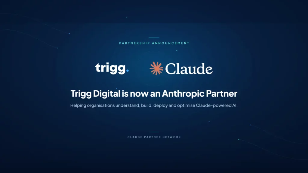 Partnership announcement: the Trigg Digital and Claude logos side by side on a dark navy background, with the headline "Trigg Digital is now an Anthropic Partner" and a Claude Partner Network badge.