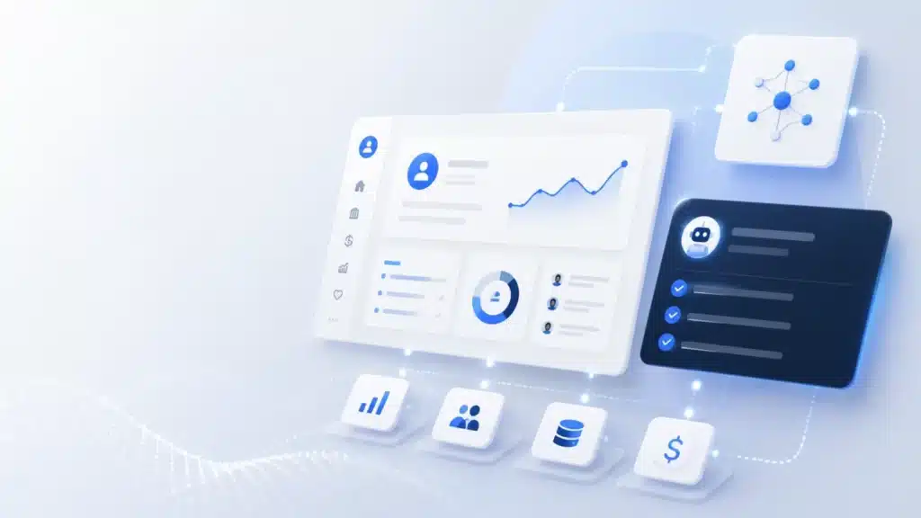 AI-powered CRM dashboard illustrating connected data, intelligent agents, automation and business growth.