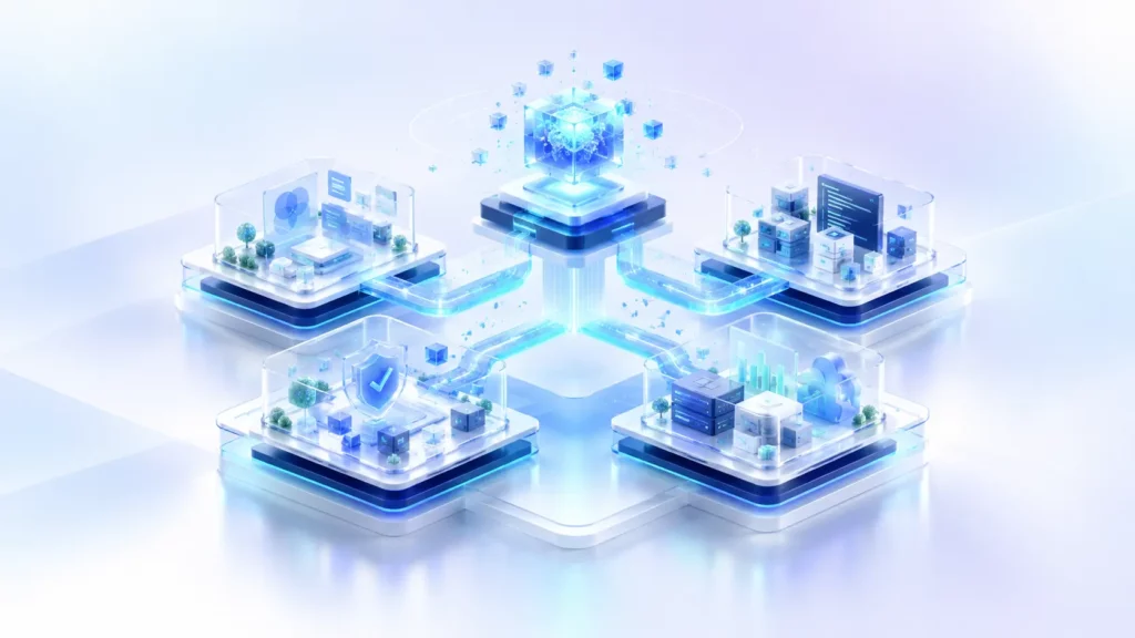 3D illustration of AI-assisted technology delivery, showing connected discovery, development, testing and deployment stages.